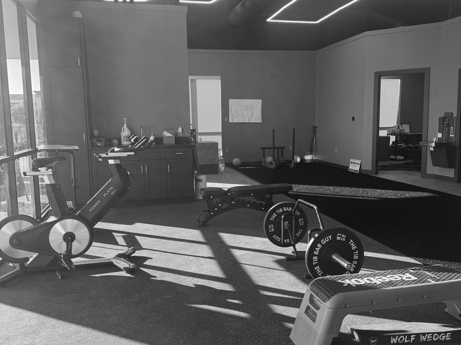The performance floor at WLF Club in Fort Worth, turf and free weights in afternoon light, in black and white.