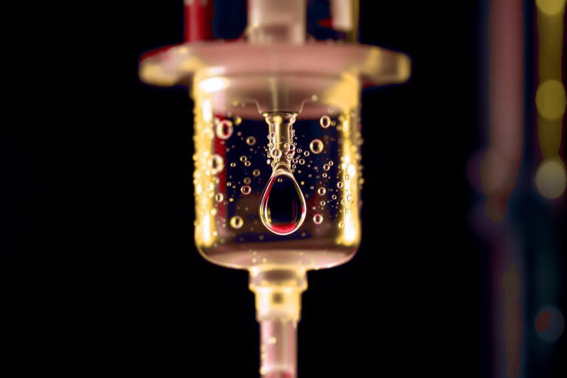 Macro view of a clear IV drip chamber with a single droplet forming, lit in warm amber.
