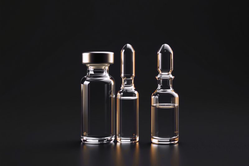 Three small unlabelled glass vials on a dark surface, edges lit in warm amber.