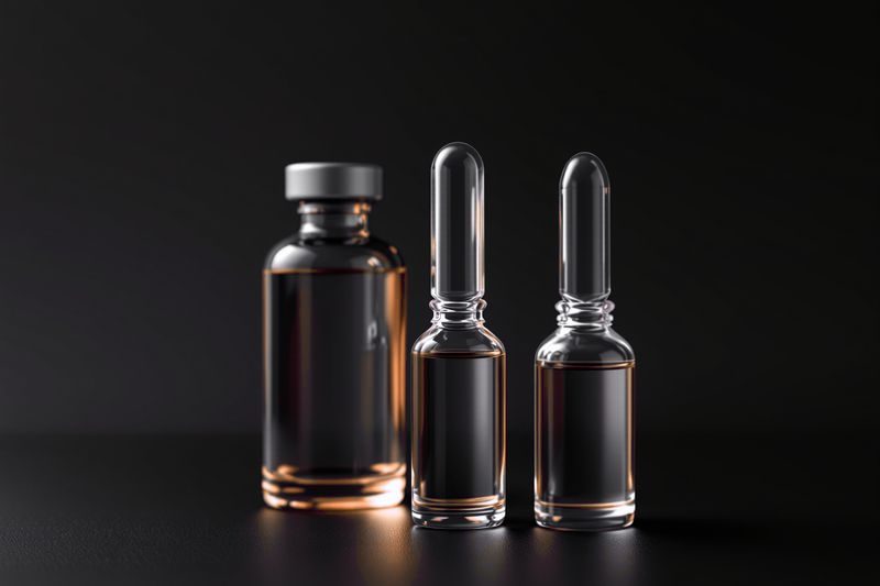 An unlabelled glass vial beside two sealed glass ampoules, lit in warm amber on a dark surface.