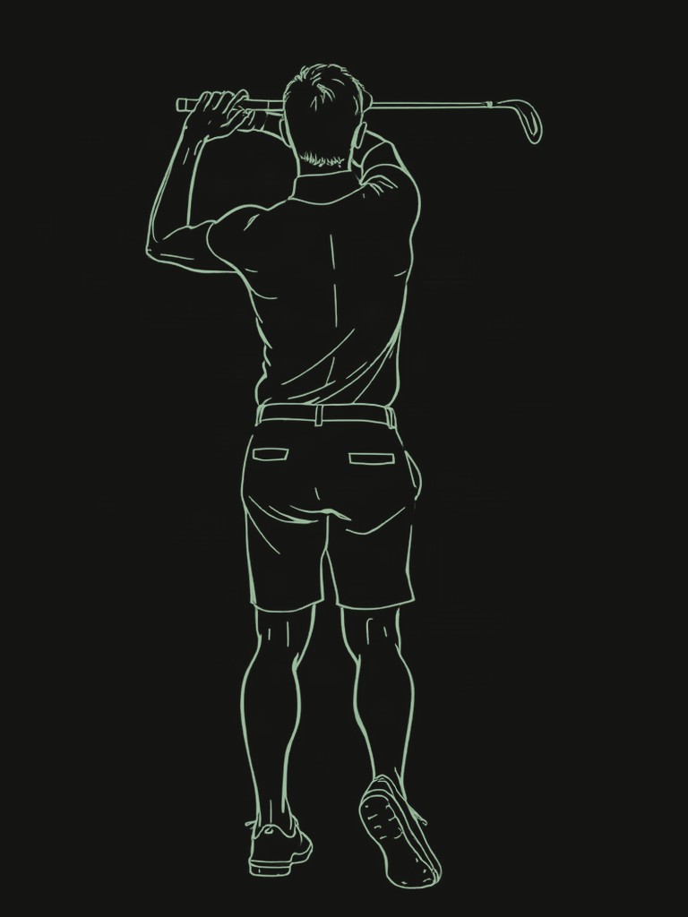 An etched line study of a golfer seen from behind at the top of the backswing, with the areas a golf screen checks marked: shoulder, mid back, core, hip and knee.