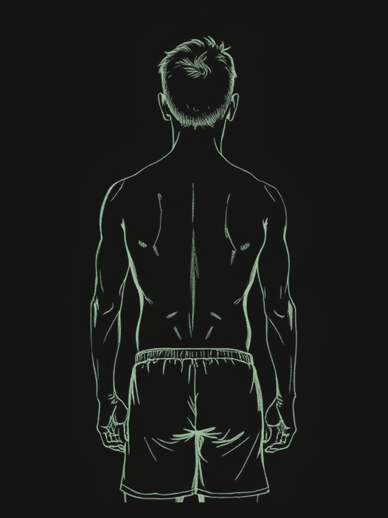 Etched line study of a person standing still, seen from behind, bare back, hatching along the spine and shoulders.